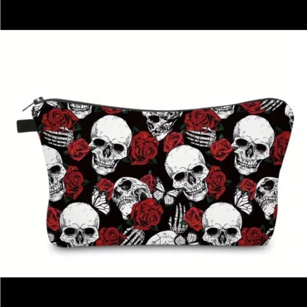 New! 3D Printed Skull And Rose Pattern Cosmetic Bag, Waterproof Makeup Pouch